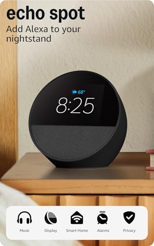 Amazon Echo Spot (newest model), Great for nightstands, offices and kitchens, Smart alarm clock, Designed for Alexa+, Black Amazon