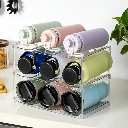 LARGER Compartment - Stackable Water Bottle Organizer Holder - for Stanley & Others' Large Tumbler - Clear Wine Rack, Cup Bottle Holder for Cabinet Home Countertop Fridge Pantry Shelf, 3 Tier Hold 9 LANDNEOO