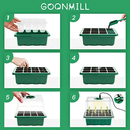 Seed Starter Tray with Grow Light, 5 Packs Plant Starter Tray Seedling Starter Kit with Humidity Domes Base Indoor Greenhouse Mini Propagator Station for Seeds Growing Starting (12 Cells per Tray) GOONMILL