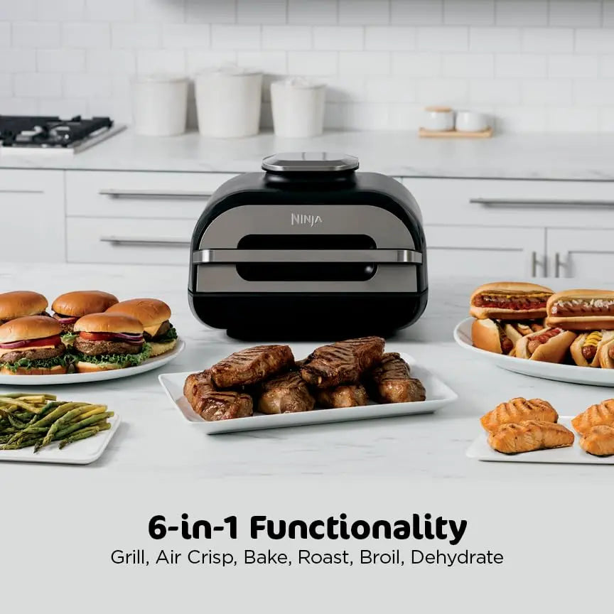 Ninja | Indoor Grill and Air Fryer| Foodi Smart XL | 6-in-1 Grill, Air Fry, Roast, Bake, Broil, Dehydrate & Crisp |Smart Thermometer & Splatter Shield | Dishwasher Safe Parts | Black/Silver | FG551 Ninja
