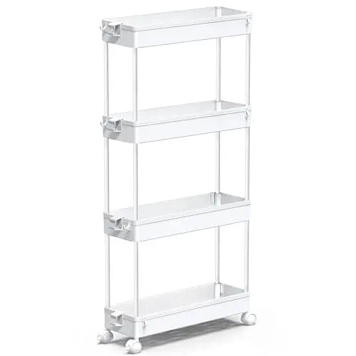 SPACEKEEPER Slim Rolling Storage Cart 4 Tier Bathroom Organizer Mobile Shelving Unit Utility Cart Tower Rack for Kitchen Laundry Narrow Places, White SPACEKEEPER