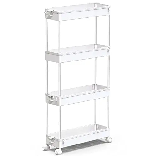 SPACEKEEPER Slim Rolling Storage Cart 4 Tier Bathroom Organizer Mobile Shelving Unit Utility Cart Tower Rack for Kitchen Laundry Narrow Places, White SPACEKEEPER