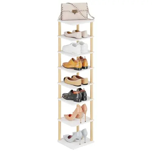 LUCKNOCK Vertical Shoe Rack, 8-Tier Tall Narrow Shoe Organizer for Entryway, Closet, Dorm & Small Spaces, Freestanding Wooden Shoe Shelf Tower for Boots, Sneakers, Heels. (White) LUCKNOCK