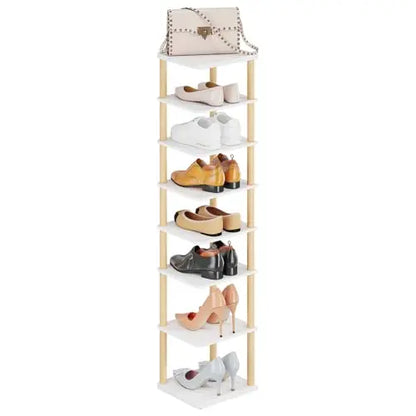 LUCKNOCK Vertical Shoe Rack, 8-Tier Tall Narrow Shoe Organizer for Entryway, Closet, Dorm & Small Spaces, Freestanding Wooden Shoe Shelf Tower for Boots, Sneakers, Heels. (White) LUCKNOCK