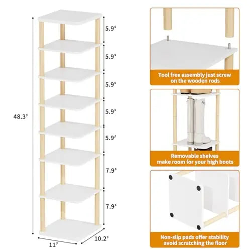 LUCKNOCK Vertical Shoe Rack, 8-Tier Tall Narrow Shoe Organizer for Entryway, Closet, Dorm & Small Spaces, Freestanding Wooden Shoe Shelf Tower for Boots, Sneakers, Heels. (White) LUCKNOCK