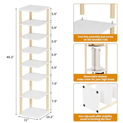 LUCKNOCK Vertical Shoe Rack, 8-Tier Tall Narrow Shoe Organizer for Entryway, Closet, Dorm & Small Spaces, Freestanding Wooden Shoe Shelf Tower for Boots, Sneakers, Heels. (White) LUCKNOCK