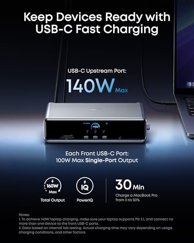 Anker Prime Docking Station (DL7400), 14-Port Triple Display with DisplayLink, 140W Max, Smart Display, Triple 4K 60Hz, Cooling Fan, for macOS and Windows (The Latest DisplayLink Driver Required) Anker