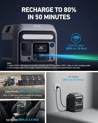 Anker Portable Power Station SOLIX C300, 288Wh LiFePO4 Battery, 300W (600W Surge) Solar Generator, 140W Two-Way Fast Charging, for Outdoor Camping, Traveling, and Emergencies (Solar Panel Optional) Anker