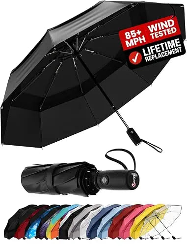 Windproof Travel Umbrella - Compact & Withstands Winds up to 85MPH, Strongest Premium Auto Folding Umbrella for Rain and Sun - Durable, Light & Portable for Women & Men, Fits Backpack & Cars Repel Umbrella