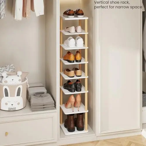 LUCKNOCK Vertical Shoe Rack, 8-Tier Tall Narrow Shoe Organizer for Entryway, Closet, Dorm & Small Spaces, Freestanding Wooden Shoe Shelf Tower for Boots, Sneakers, Heels. (White) LUCKNOCK