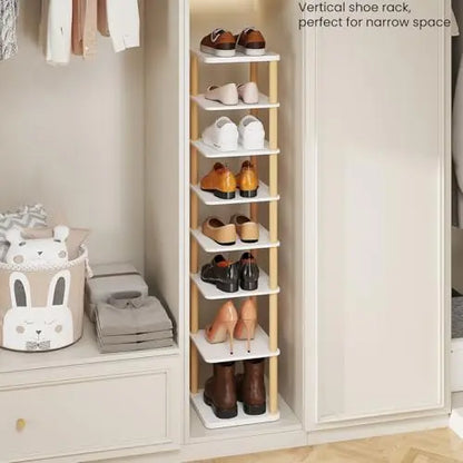 LUCKNOCK Vertical Shoe Rack, 8-Tier Tall Narrow Shoe Organizer for Entryway, Closet, Dorm & Small Spaces, Freestanding Wooden Shoe Shelf Tower for Boots, Sneakers, Heels. (White) LUCKNOCK