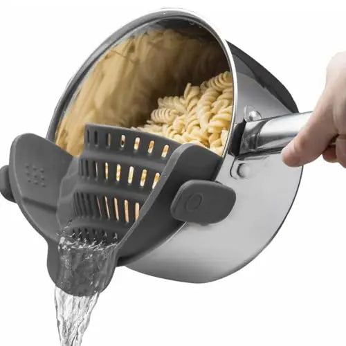 Kitchen Gizmo Snap N' Strain - Silicone Pasta Strainer Clip-On for Pots and Pans - Heat Resistant Colander for Vegetables and Noodles - Kitchen Gadgets for Cooking - Space-Saving Design - Gray Kitchen Gizmo