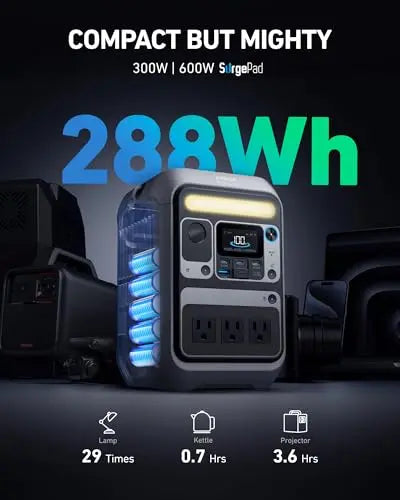 Anker Portable Power Station SOLIX C300, 288Wh LiFePO4 Battery, 300W (600W Surge) Solar Generator, 140W Two-Way Fast Charging, for Outdoor Camping, Traveling, and Emergencies (Solar Panel Optional) Anker
