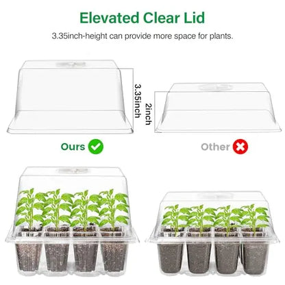 Bonviee 5 Packs Seed Starter Tray with Grow Light, Elevated Seedling Starter Trays Kits with Adjustable Humidity Domes and Clear Cell Tray, 12 Full Spectrum led lamp Beads for Plants Indoor-Clear Bonviee