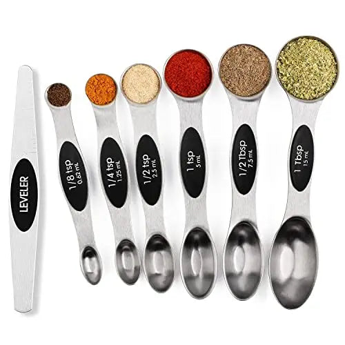 Magnetic Measuring Spoons Set Stainless Steel with Leveler, Stackable Metal Tablespoon Measure Spoon for Baking, Cups and Spoon Set Kitchen Gadgets Apartment Essentials Fits in Spice Jars BIDFUL