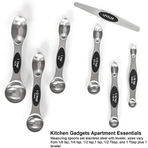 Magnetic Measuring Spoons Set Stainless Steel with Leveler, Stackable Metal Tablespoon Measure Spoon for Baking, Cups and Spoon Set Kitchen Gadgets Apartment Essentials Fits in Spice Jars BIDFUL