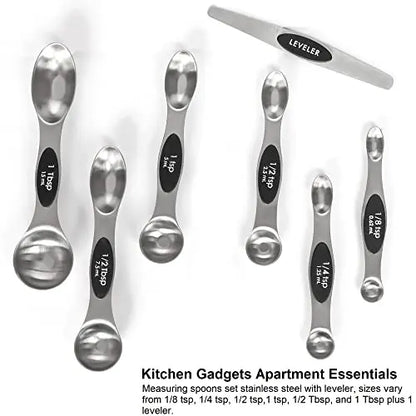 Magnetic Measuring Spoons Set Stainless Steel with Leveler, Stackable Metal Tablespoon Measure Spoon for Baking, Cups and Spoon Set Kitchen Gadgets Apartment Essentials Fits in Spice Jars BIDFUL