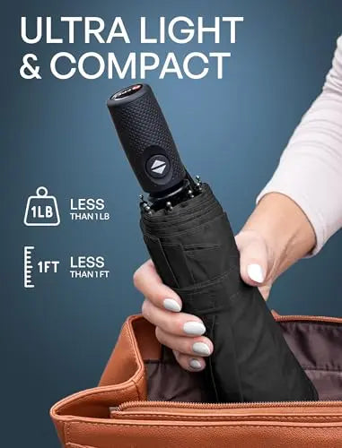 Windproof Travel Umbrella - Compact & Withstands Winds up to 85MPH, Strongest Premium Auto Folding Umbrella for Rain and Sun - Durable, Light & Portable for Women & Men, Fits Backpack & Cars Repel Umbrella