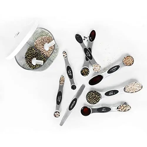 Magnetic Measuring Spoons Set Stainless Steel with Leveler, Stackable Metal Tablespoon Measure Spoon for Baking, Cups and Spoon Set Kitchen Gadgets Apartment Essentials Fits in Spice Jars BIDFUL