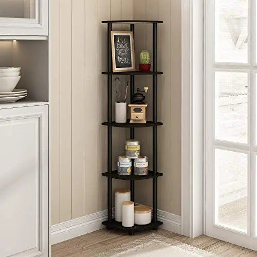 Furinno TURN-N-TUBE Corner Shelf, 5-Tier Corner Bookshelf, Open Storage Shelves, for Organization and Storage, Living Room, Home Office, Garage, Bedroom, Espresso Furinno