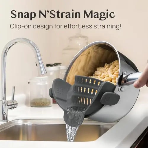 Kitchen Gizmo Snap N' Strain - Silicone Pasta Strainer Clip-On for Pots and Pans - Heat Resistant Colander for Vegetables and Noodles - Kitchen Gadgets for Cooking - Space-Saving Design - Gray Kitchen Gizmo