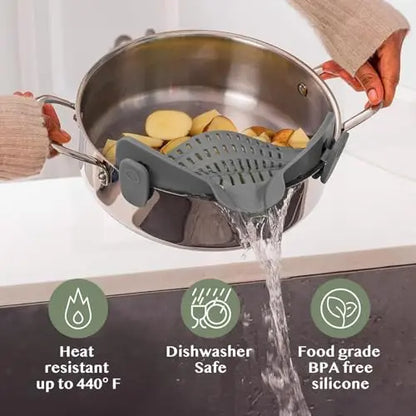 Kitchen Gizmo Snap N' Strain - Silicone Pasta Strainer Clip-On for Pots and Pans - Heat Resistant Colander for Vegetables and Noodles - Kitchen Gadgets for Cooking - Space-Saving Design - Gray Kitchen Gizmo