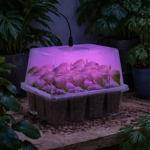 Bonviee 5 Packs Seed Starter Tray with Grow Light, Elevated Seedling Starter Trays Kits with Adjustable Humidity Domes and Clear Cell Tray, 12 Full Spectrum led lamp Beads for Plants Indoor-Clear Bonviee
