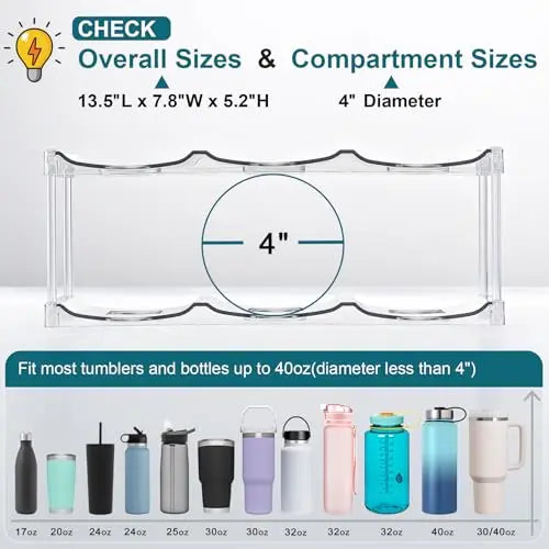 LARGER Compartment - Stackable Water Bottle Organizer Holder - for Stanley & Others' Large Tumbler - Clear Wine Rack, Cup Bottle Holder for Cabinet Home Countertop Fridge Pantry Shelf, 3 Tier Hold 9 LANDNEOO