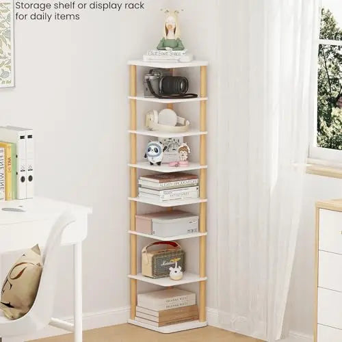 LUCKNOCK Vertical Shoe Rack, 8-Tier Tall Narrow Shoe Organizer for Entryway, Closet, Dorm & Small Spaces, Freestanding Wooden Shoe Shelf Tower for Boots, Sneakers, Heels. (White) LUCKNOCK