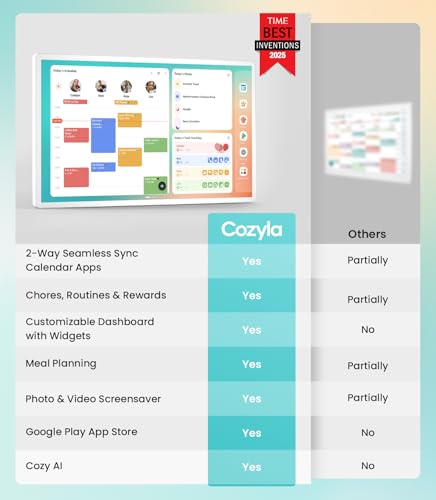 Cozyla Digital Calendar+ 2: 24 inch Wall Planner Touch Screen Chore Chart Customize Dashboard Smart Electronic Calendar for Family Schedules Meal Planner Support Any Google Play App Wall Mount White cozyla