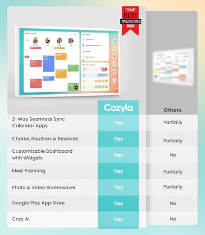 Cozyla Digital Calendar+ 2: 24 inch Wall Planner Touch Screen Chore Chart Customize Dashboard Smart Electronic Calendar for Family Schedules Meal Planner Support Any Google Play App Wall Mount White cozyla
