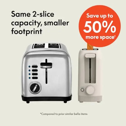 bella 2 Slice Slim Toaster, Fits-anywhere™ Kitchenware, 6 Setting Shade Control with Reheat & Cancel Buttons, Fits sourdough, 10” Long Slot, Anti Jam & Auto Shutoff, 900 Watt, Oatmilk BELLA