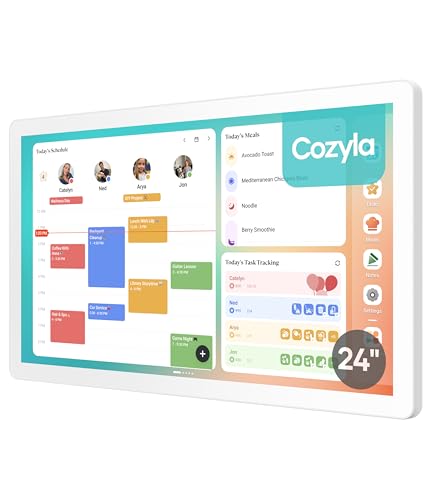 Cozyla Digital Calendar+ 2: 24 inch Wall Planner Touch Screen Chore Chart Customize Dashboard Smart Electronic Calendar for Family Schedules Meal Planner Support Any Google Play App Wall Mount White cozyla