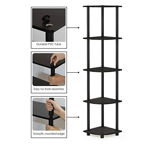 Furinno TURN-N-TUBE Corner Shelf, 5-Tier Corner Bookshelf, Open Storage Shelves, for Organization and Storage, Living Room, Home Office, Garage, Bedroom, Espresso Furinno