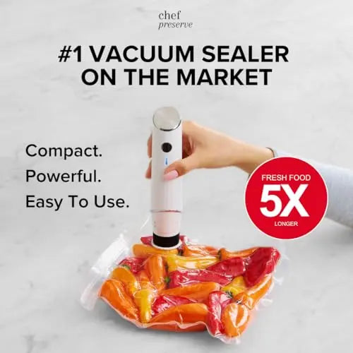 Chef Preserve Compact Vacuum Sealer for Food (Vacuum Sealer Machine + 30 Reusable Vacuum Bags) Powerful Handheld Vacuum Sealer Machine, Seal Meal Saver, Portable Food Sealer Chef Preserve