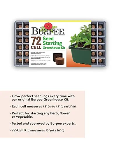 Burpee Greenhouse Indoor Starting Herbs, Flowers and Vegetables | Includes Dome, Watering, Seed Starter Tray, Coir Pellets | 10" W x 20" L x 5" H, One Size, 1 Kit (72 Cells) Burpee