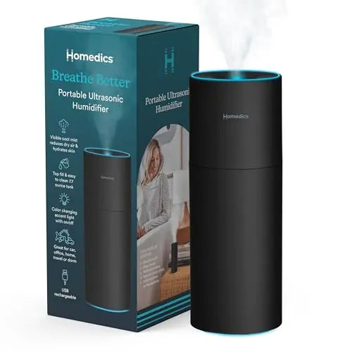 Homedics Portable Humidifier - Small Air Humidifiers for Bedroom, Plants, Office, Travel - Cool Mist Humidifiers, Color-Changing Accent Light, 2 Mist Settings, Black Homedics