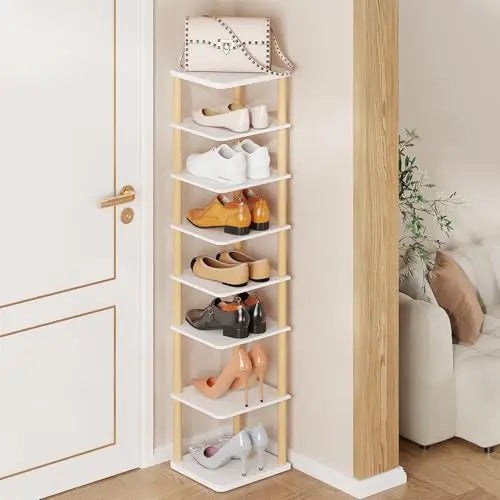 LUCKNOCK Vertical Shoe Rack, 8-Tier Tall Narrow Shoe Organizer for Entryway, Closet, Dorm & Small Spaces, Freestanding Wooden Shoe Shelf Tower for Boots, Sneakers, Heels. (White) LUCKNOCK