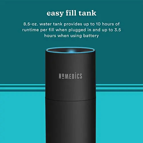 Homedics Portable Humidifier - Small Air Humidifiers for Bedroom, Plants, Office, Travel - Cool Mist Humidifiers, Color-Changing Accent Light, 2 Mist Settings, Black Homedics