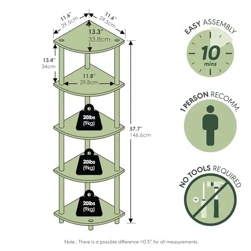 Furinno TURN-N-TUBE Corner Shelf, 5-Tier Corner Bookshelf, Open Storage Shelves, for Organization and Storage, Living Room, Home Office, Garage, Bedroom, Espresso Furinno