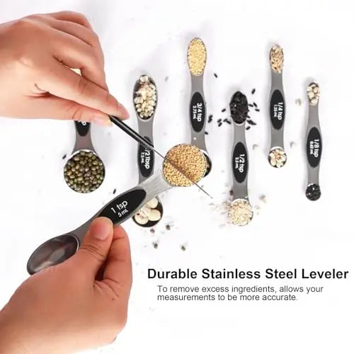 Magnetic Measuring Spoons Set Stainless Steel with Leveler, Stackable Metal Tablespoon Measure Spoon for Baking, Cups and Spoon Set Kitchen Gadgets Apartment Essentials Fits in Spice Jars BIDFUL