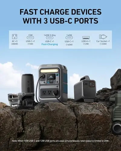 Anker Portable Power Station SOLIX C300, 288Wh LiFePO4 Battery, 300W (600W Surge) Solar Generator, 140W Two-Way Fast Charging, for Outdoor Camping, Traveling, and Emergencies (Solar Panel Optional) Anker