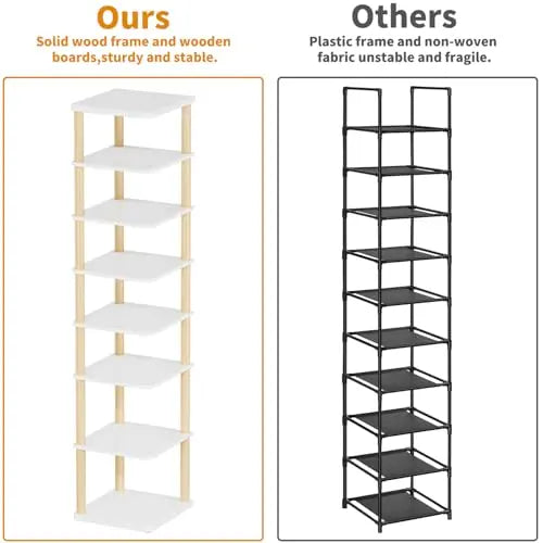 LUCKNOCK Vertical Shoe Rack, 8-Tier Tall Narrow Shoe Organizer for Entryway, Closet, Dorm & Small Spaces, Freestanding Wooden Shoe Shelf Tower for Boots, Sneakers, Heels. (White) LUCKNOCK