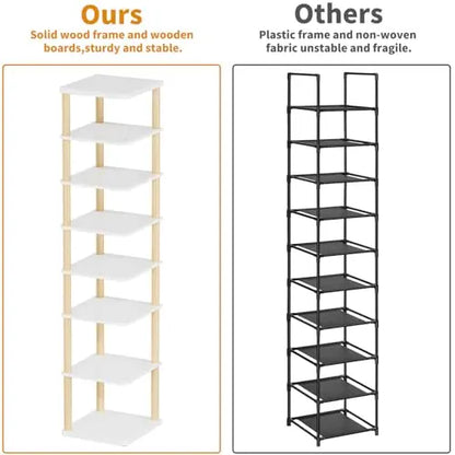 LUCKNOCK Vertical Shoe Rack, 8-Tier Tall Narrow Shoe Organizer for Entryway, Closet, Dorm & Small Spaces, Freestanding Wooden Shoe Shelf Tower for Boots, Sneakers, Heels. (White) LUCKNOCK