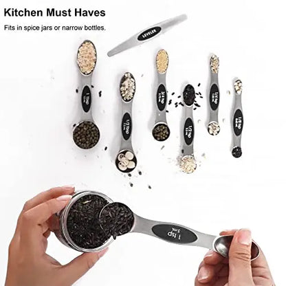 Magnetic Measuring Spoons Set Stainless Steel with Leveler, Stackable Metal Tablespoon Measure Spoon for Baking, Cups and Spoon Set Kitchen Gadgets Apartment Essentials Fits in Spice Jars BIDFUL