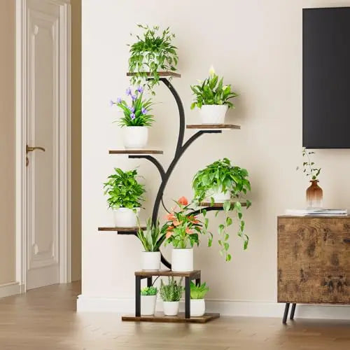 BACEKOLL Plant Stand Indoor with Grow Lights, 7 Tiered Indoor Plant Shelf, 49" Corner Plant Stands for Indoor Plants, Metal Plant Flower Display Shelf, Tree-Shaped Plant Rack for Home, Patio, Brown BACEKOLL