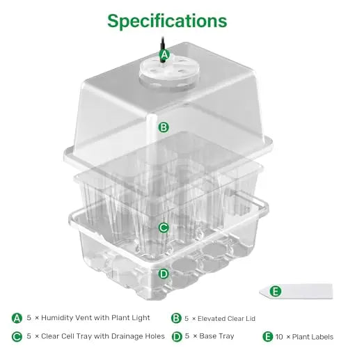 Bonviee 5 Packs Seed Starter Tray with Grow Light, Elevated Seedling Starter Trays Kits with Adjustable Humidity Domes and Clear Cell Tray, 12 Full Spectrum led lamp Beads for Plants Indoor-Clear Bonviee