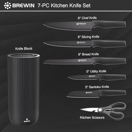 Knife Set, Brewin Kitchen Knife Set, Knives Set for Kitchen, Universal Knife Block, Utility Knife Block Set, New Home Essentials, Apartment Essentials, Dishwasher Safe Brewin