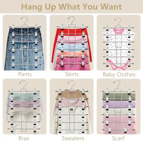 Pants Hangers with Clips,Space Saving Hanging Closet Organizer-6 Tiers Skirt Hangers with 360° Swivel Hook,Closet Organizer-Clothes Hangers- College Dorm Essentials Apartment Essentials-2 Pack Lumigens