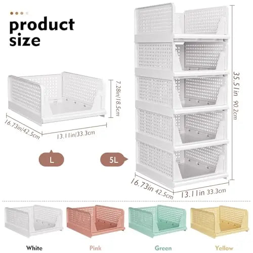 SNSLXH 5 Pack Stackable Closet Storage Basket, Multifunctional & Foldable Closet Organizer for Bathroom Kitchen Laundry Room Wardrobe Storage, Space-Saving Clothes Storage Drawer Organizer, White SNSLXH